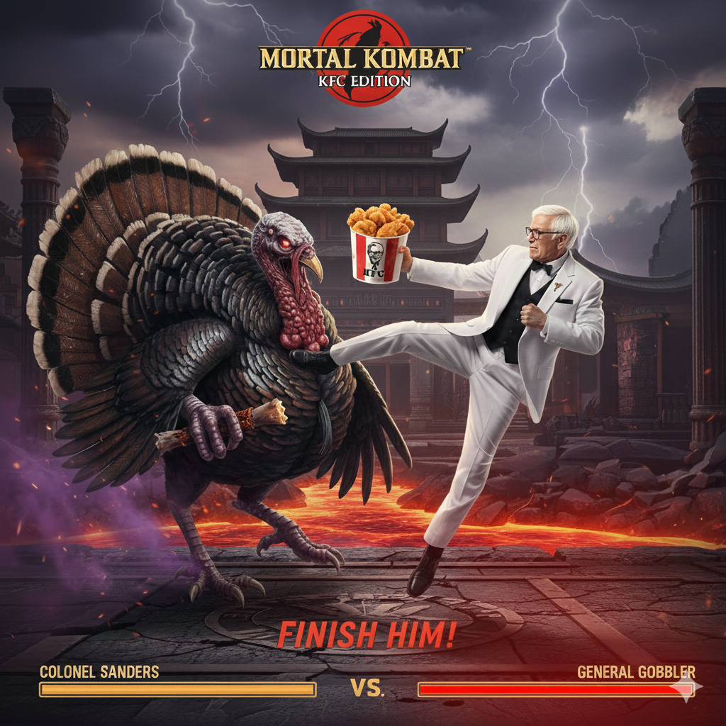 The video game: Mortal Kombat: KFC Edition, is depicted on screen. lava flows and lightning strikes in the background of a dojo courtyard. A younger more agile Colonel Sanders uses a flying kick on his nemesis; a turkey called General Gobbler. Colonel Sanders effortlessly hold a chicken bucket full of drumsticks in his right hand as he performs his kick. his foot is meeting the checst of General Gobbler. The game caption says Finish Him! and General Gobblers health is deteriorated; signifying Colonel Sander's victory.